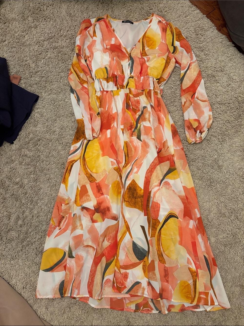 Abstract Coral & Yellow Long Sleeve Maxi Dress